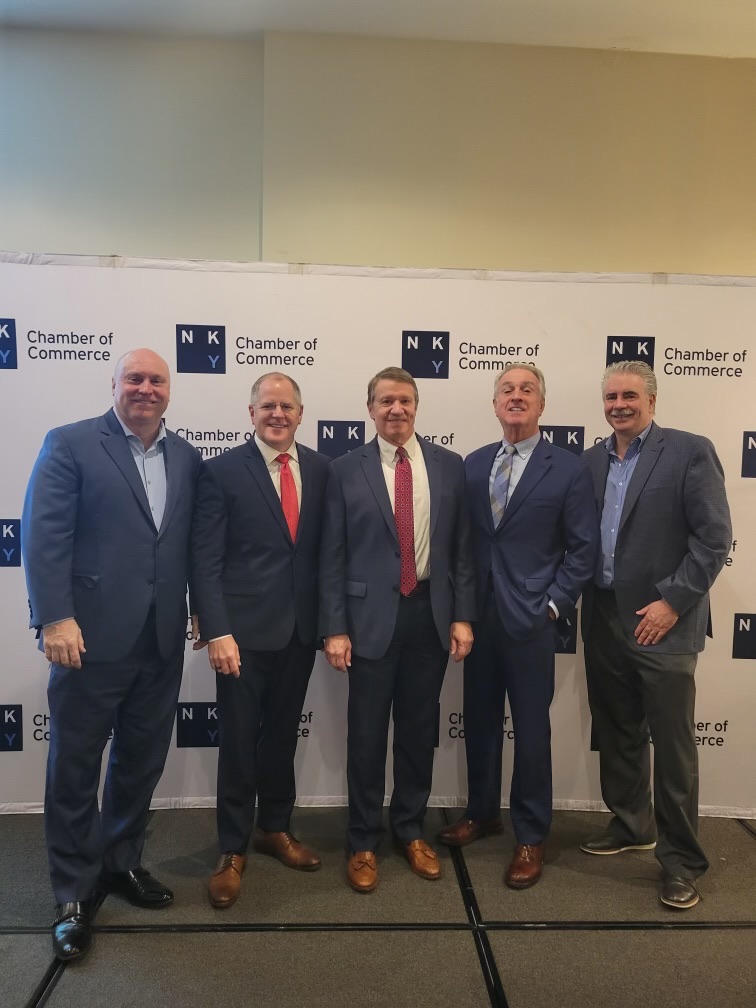 Brent Cooper, CEO/NKY Chamber of Commerce, Kenton County Judge/Executive Knochelmann; Campbell County Judge/Executive Pendery; Boone County Judge/Executive Gary Moore; Pat Crowley stand together after NKY Chamber of Commerce State of NKY.